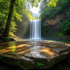 Obraz premium Stone table top podium in outdoor waterfall green tropical forest nature background. Organic natural water product or outdoor product present placement pedestal counter display