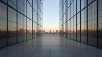 Fototapeta premium Modern cityscape rooftop, empty plaza, reflecting glass buildings