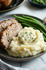 homemade traditional dinner plate featuring roasted meatloaf slices, creamy garlic infused mashed potatoes topped with herb sauce, and a side of steamed green beans