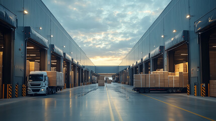 Fototapeta premium Delivery trucks and cargo boxes in an industrial loading area at sunset creating a busy logistical atmosphere