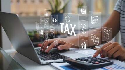 Person preparing taxes on a laptop with virtual icons
