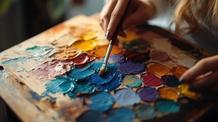 Obraz premium Creativity, close-up of hands mixing colors on a palette, soft natural lighting