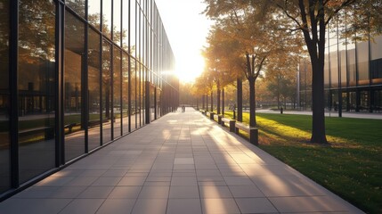 Modern office building pathway at sunset