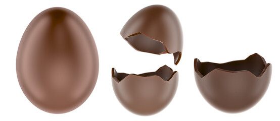 Chocolate Eggs. Whole, broken and half of chocolate eggs. 3D rendering  isolated on transparent background