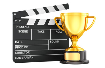 Clapperboard with gold trophy cup award, 3D rendering isolated on transparent background