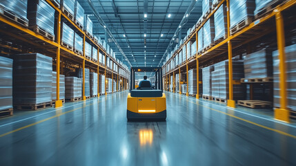 Fototapeta premium Efficient warehouse operations with forklift navigating through stacked pallets during daylight hours