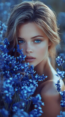 Ethereal Portrait of Young Woman Amidst Blooming Wildflowers: Emotive Beauty and Vibrant Multicolor Tones in Nature