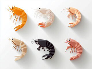 Ic&ocirc;nes de crevettes sur fond blanc, flat design