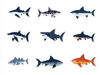 Fototapeta premium Icônes de requins sur fond blanc, flat design