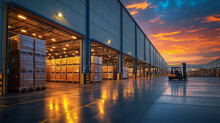 Warehouse at dusk with pallets and a forklift in operation under a colorful sky