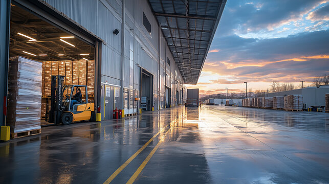 Evening loading dock with forklift and stacked pallets in a distribution center