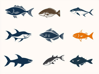 Fototapeta premium Icônes de poissons de mer sur fond blanc, flat design