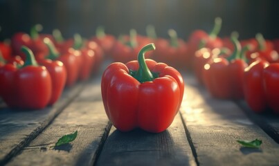 Close-up of vibrant red bell peppers neatly arranged on a rustic wooden surface, soft natural light enhancing their fresh look.