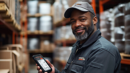 Smiling warehouse worker manages inventory with smartphone in a busy storage facility during daylight hours