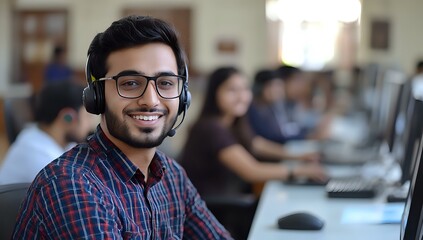 Young South Asian male customer service representative wearing headset and glasses smiles at camera in modern office call center environment.
