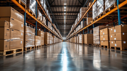 Warehouse interior showcasing organized rows of stacked cardboard boxes with clear labels and polished floor