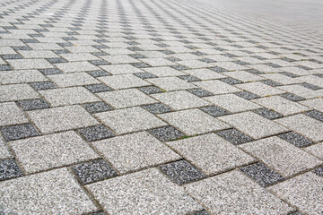 Detailed view of patterned paving stones arranged in a geometric design in a public area