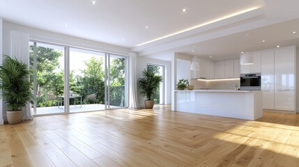 Fototapeta premium Modern Interior Design Kitchen Living Room, Sunny. Potential Use Stock Photo