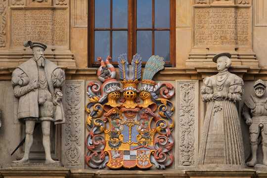 Colorful sculptures on entrance gate to Castle in Brzeg, Poland