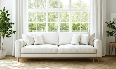 Modern home interior featuring a clean white sofa, wooden flooring, and large windows offering a bright outdoor view.