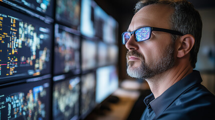 Tech professional monitors data on multiple screens in a modern office setting during evening hours