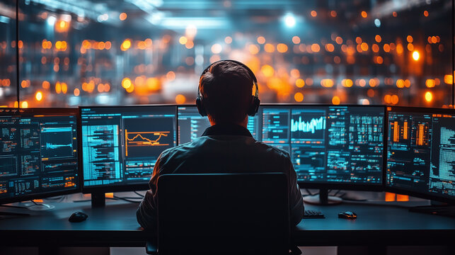 Data analyst monitors multiple screens in a high-tech environment during evening hours