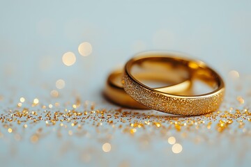 Golden wedding rings with textured surface lying on glittery background with soft bokeh lights creating romantic atmosphere for wedding and engagement photography.