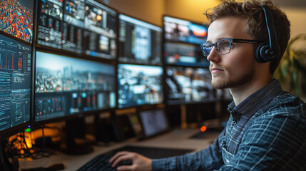 Young male analyst monitors multiple screens displaying data and charts in a modern office environment during the evening