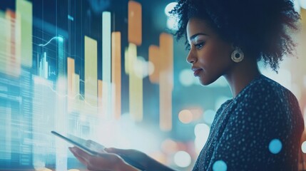African American woman analyzing data on a tablet with data charts