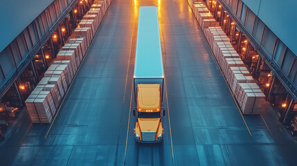 Trucks navigating a busy warehouse at dusk with stacked palettes and warm overhead lights