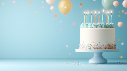 Elegant birthday cake adorned with candles and floating balloons