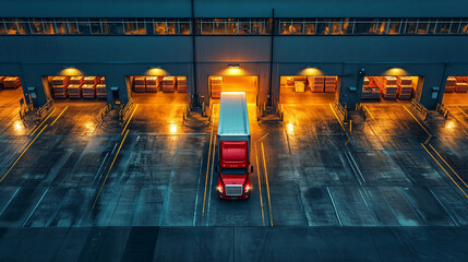 Large red truck arrives at warehouse loading dock in evening light to facilitate cargo transportation and logistics activity