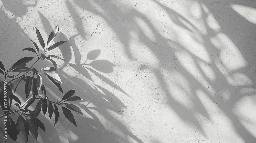 Poster Graceful silhouettes of leaves play across a softly textured wall, creating an exquisite display of light and shadow that evokes tranquility and contemplation