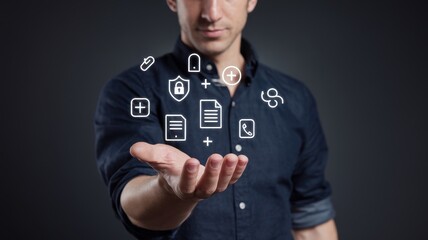 Man presents digital icons hovering over open palm hand