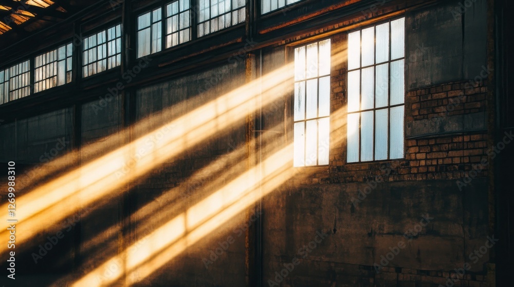 Poster warm beams of sunlight filter through dusty, tall windows in a quiet warehouse, illuminating the rug