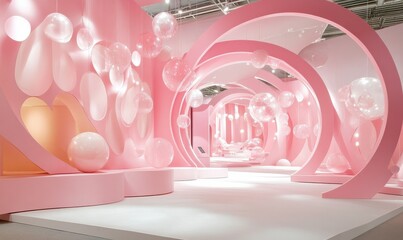 Obraz premium Decorative pink display with circular elements and spheres for product exhibition