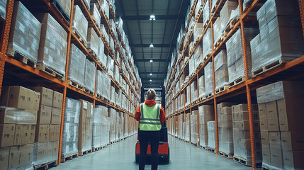 Efficient warehouse worker navigating an aisle with a pallet jack during a busy workday in a distribution center