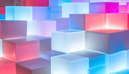 Obraz premium Illuminated cube installation modern art gallery light display urban environment wide angle contemporary design