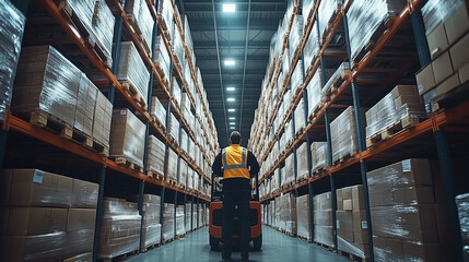 Warehouse worker operating pallet jack in large distribution center during daytime