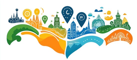 Naklejka premium Colorful Illustrated Map Showcasing Diverse Cityscapes