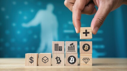 Hand adding plus symbol block to stack of symbols