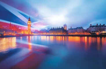 Fototapeta premium A symbolic image of London with the UK and EU flags superimposed, indicating the agreement and deal processing