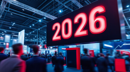 People exploring a trade show featuring bold displays promoting the year 2026 in a modern exhibition hall