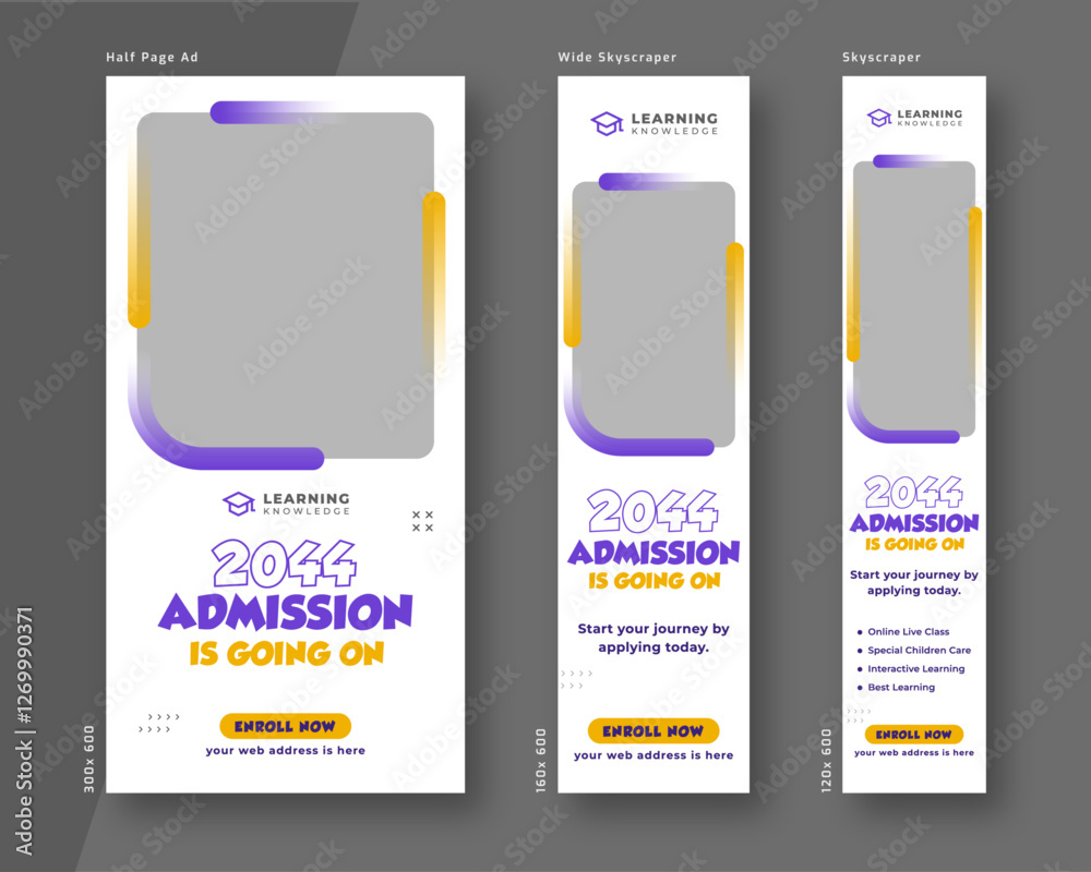 Wall mural education and admission web banner template. half page ad and wide skyscraper ad design set