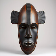 African Tribal Mask with Unique Ear Carvings, Dark Wood Sculpture, Cultural Symbolism