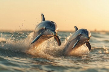 Two dolphins jumping out of the water at sunset © alphaspirit