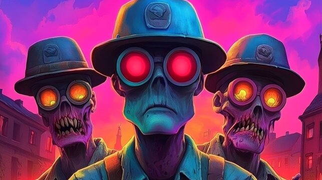 Beams of light illuminate zombie warriors in a crumbling house