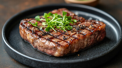 Grilled steak served on a black plate with herbs in a well-lit kitchen setting during dinner time