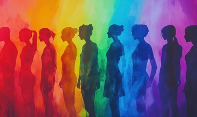 Vibrant rainbow of silhouettes representing unity and diversity, soft focus and layered textures adding depth, empowering sense of inclusivity and harmony