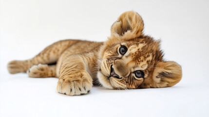 Obraz premium Adorable lion cub lying down. Sweet wildcat kitten. Perfect pet. AI generated